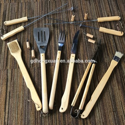 Premium hard stainless steel BBQ outdoor cooking tools set sturdy thick rubber wood hanging hook handle