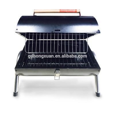 Foldable round porcelain enamel BBQ grill portable wood handle mini flip open cover 2 charcoal grills in 1 barbecue grill