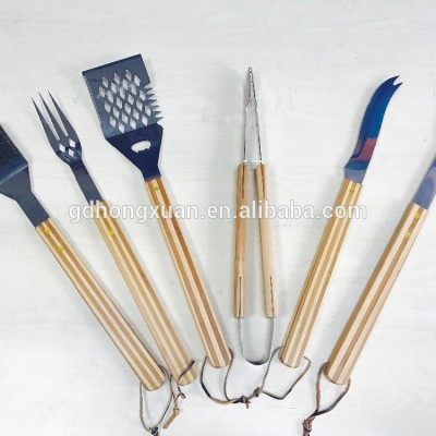 Eco-friendly hard bamboo handle bbq grill tools 6 pecs premium stainless steel barbecue utensil set